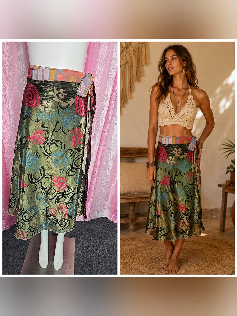 Dori Style 100% Silk Boho Reversible Print Festival Wrap Skirt One Size